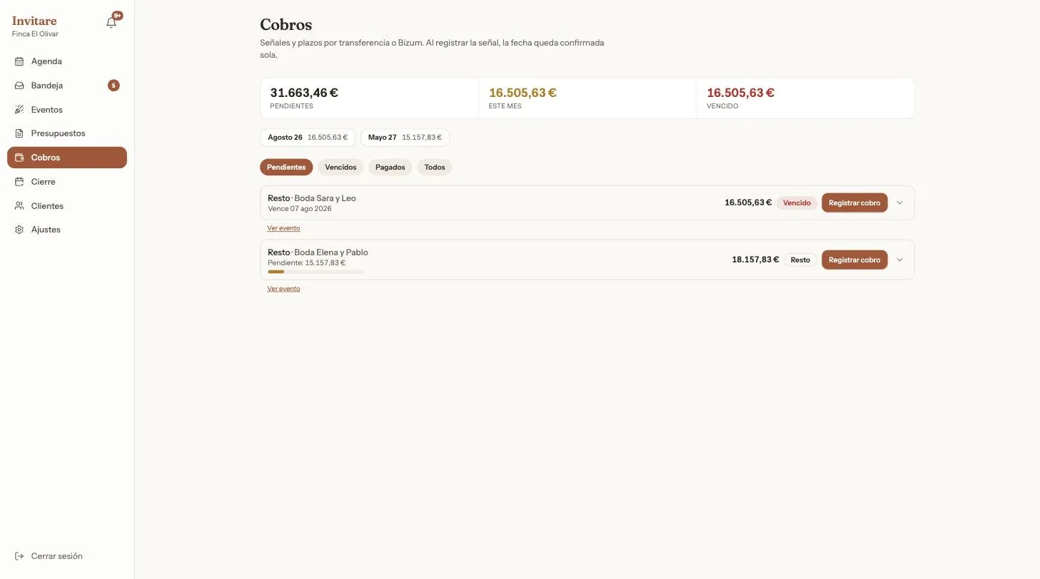Pantalla de cobraments amb pendents, vençuts i el total en llibres