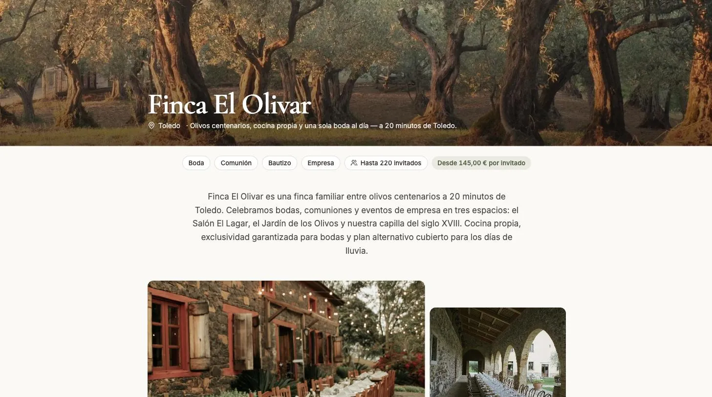 Pàgina pública d'una finca amb foto, preu des de i espais