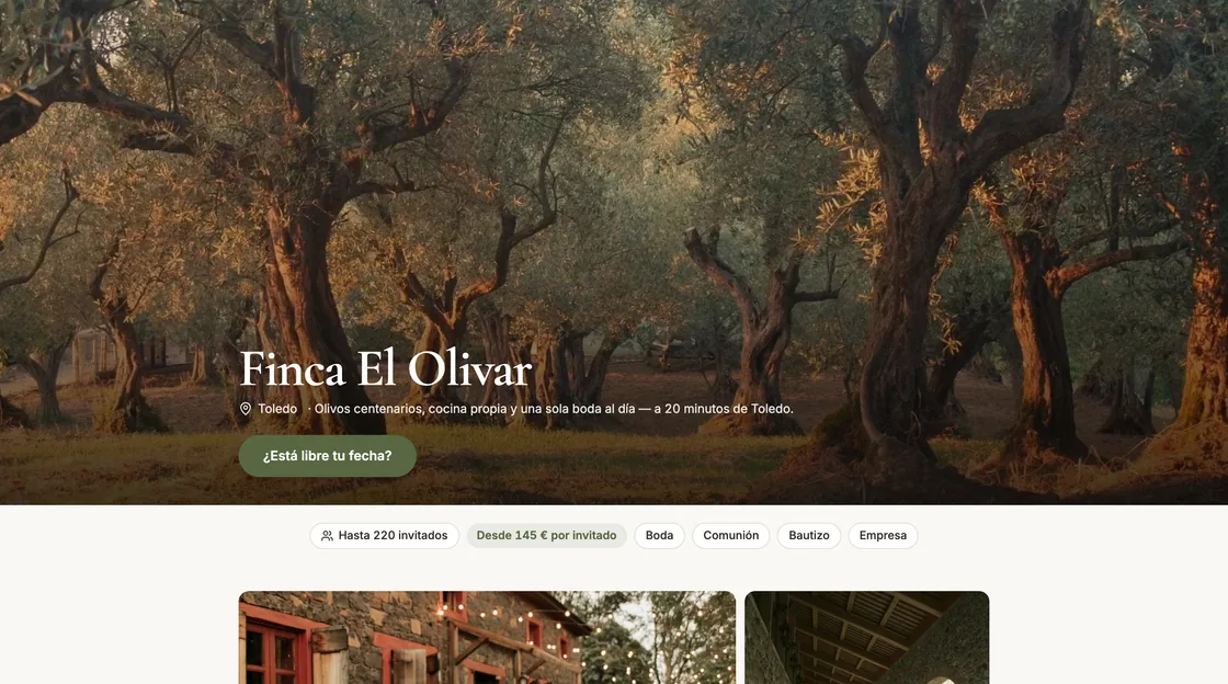 Página pública de una finca con foto, precio desde y espacios